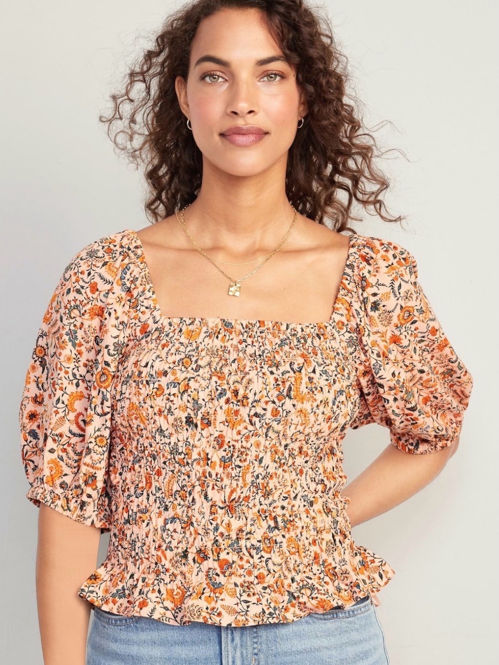 Old Navy Peach Floral Smocked Square-Neck Top
